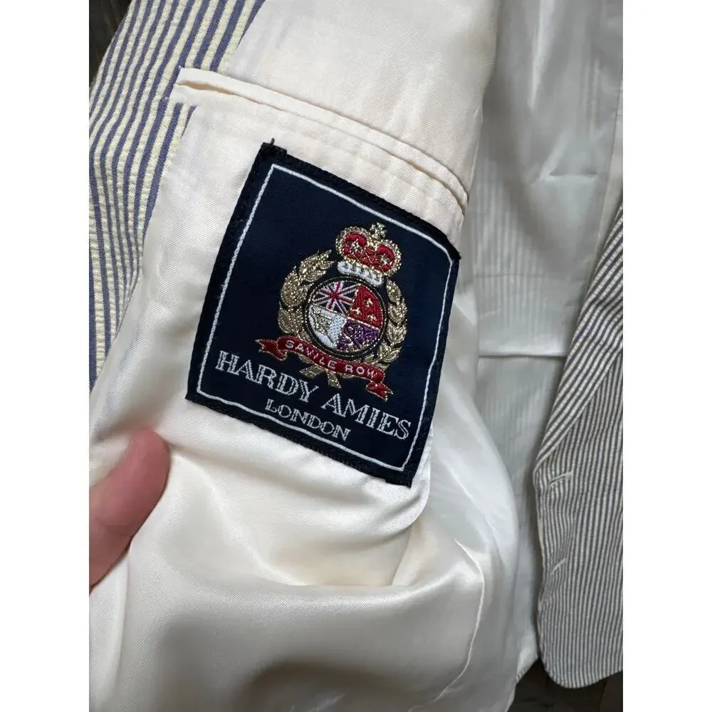 Hardy Amies Vintage Two-Piece Suit 36x30 White w/ Blue Stripes 100% Cotton